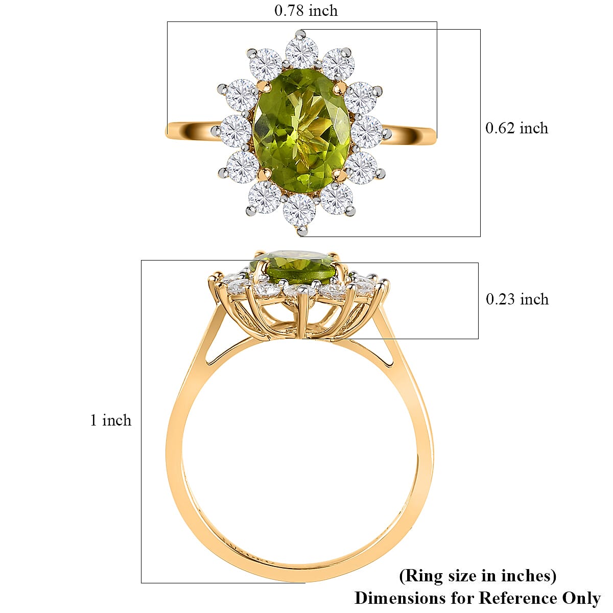 Luxoro Premium Arizona Peridot Ring, 10K Yellow Gold Ring, Sunburst Halo Ring, Moissanite Accent Ring, Wedding Ring 2.50 ctw image number 5