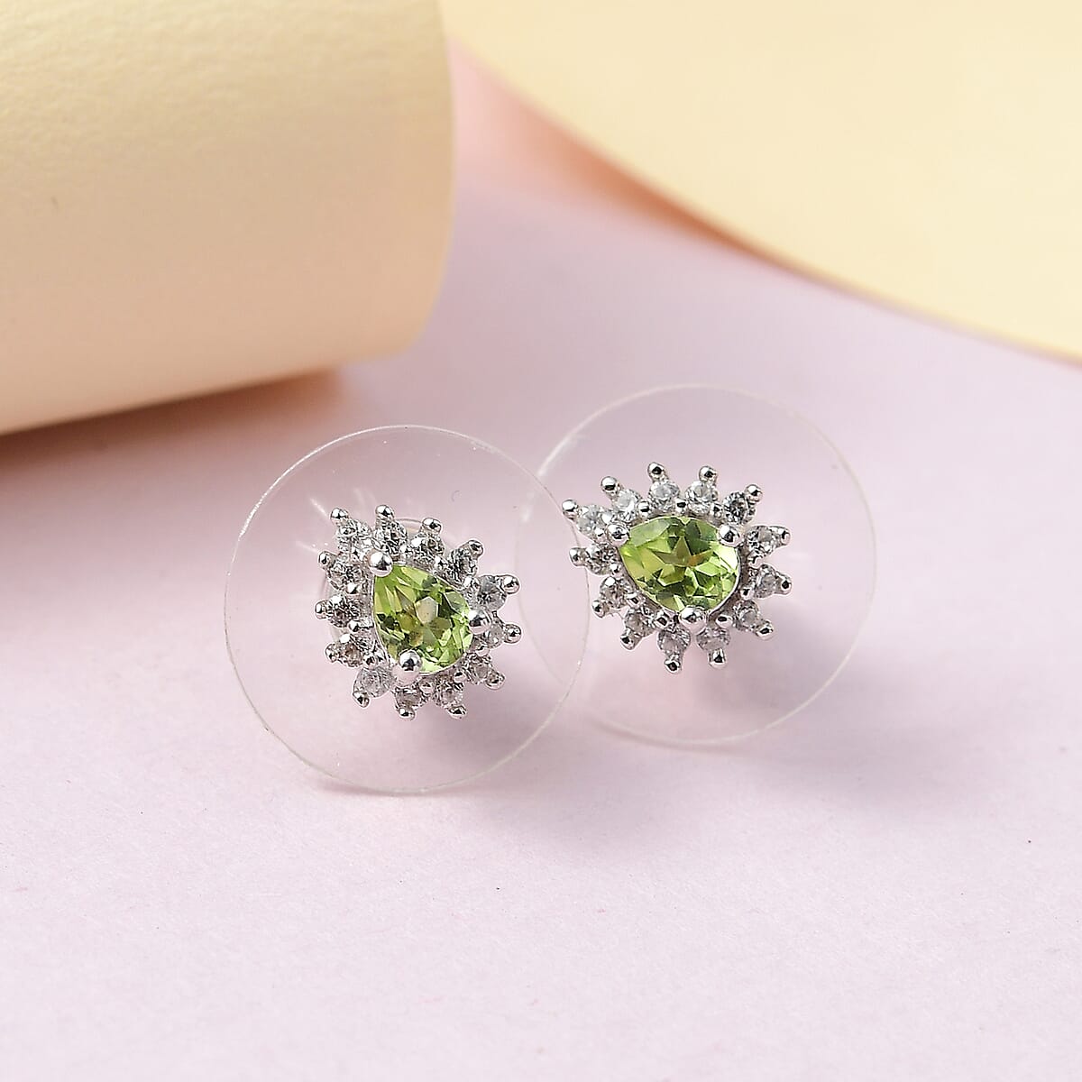 Arizona Peridot and White Zircon Sunburst Earrings in Platinum Over Sterling Silver 0.75 ctw image number 1