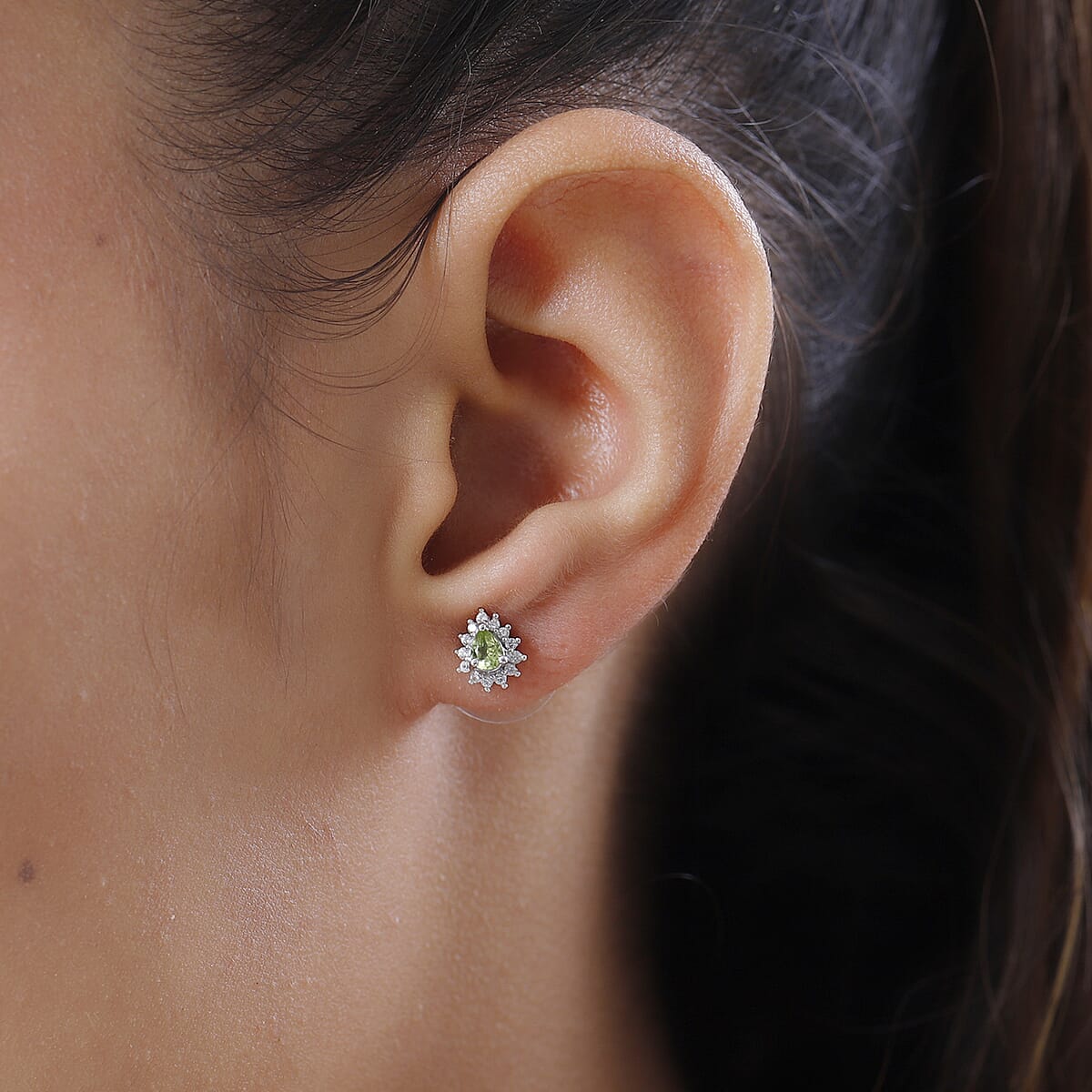 Arizona Peridot and White Zircon Sunburst Earrings in Platinum Over Sterling Silver 0.75 ctw image number 2