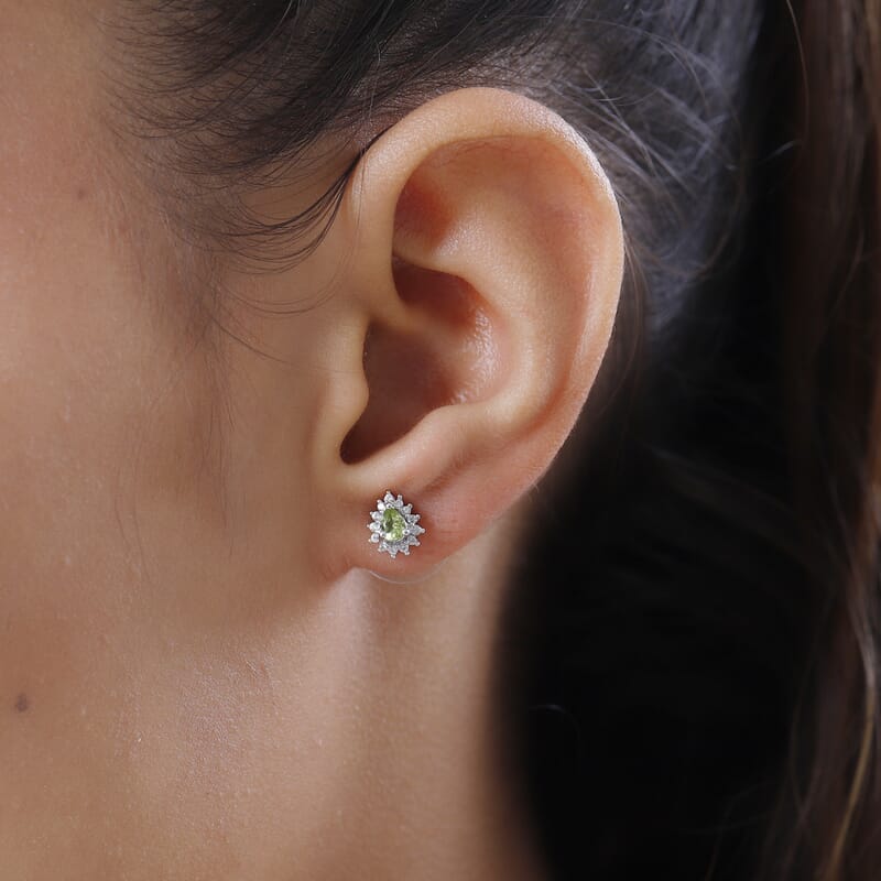 Arizona Peridot and White Zircon Sunburst Earrings in Platinum Over Sterling Silver 0.75 ctw