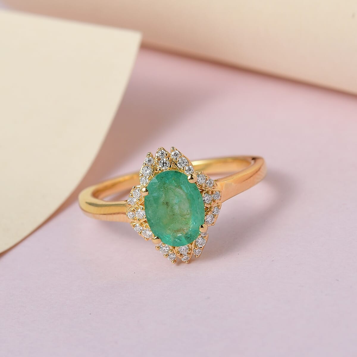 Ethiopian Emerald and Moissanite Ring in Vermeil Yellow Gold Over Sterling Silver 1.25 ctw (Delivery in 10-15 Business Days) image number 1