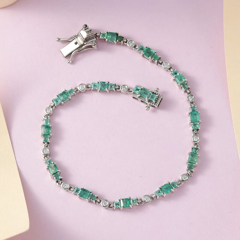 Ethiopian Emerald and Moissanite Bracelet in Platinum Over Sterling Silver (7.25 In) 3.85 ctw