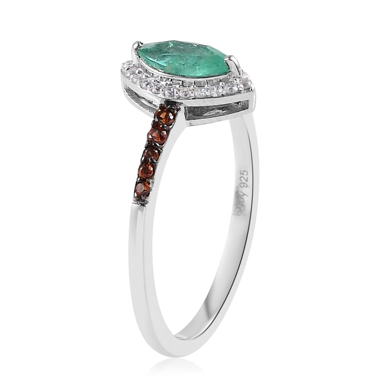 Ethiopian Emerald, White and Coffee Zircon Halo Ring in Platinum Over Sterling Silver (Size 10.0) 2.25 ctw