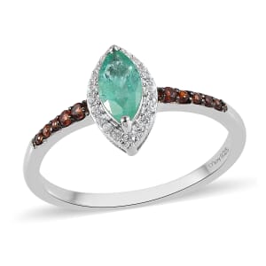 Ethiopian Emerald, White and Coffee Zircon Halo Ring in Platinum Over Sterling Silver (Size 9.0) 2.25 ctw