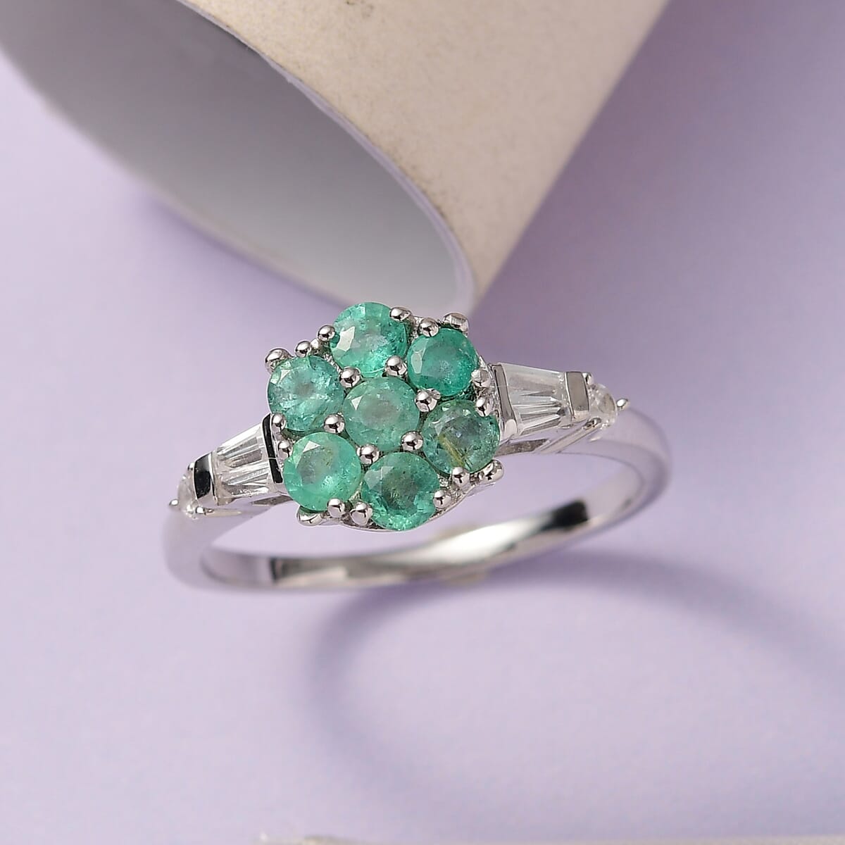 Ethiopian Emerald and White Zircon Ring in Platinum Over Sterling Silver (Size 8.0) 1.15 ctw image number 1
