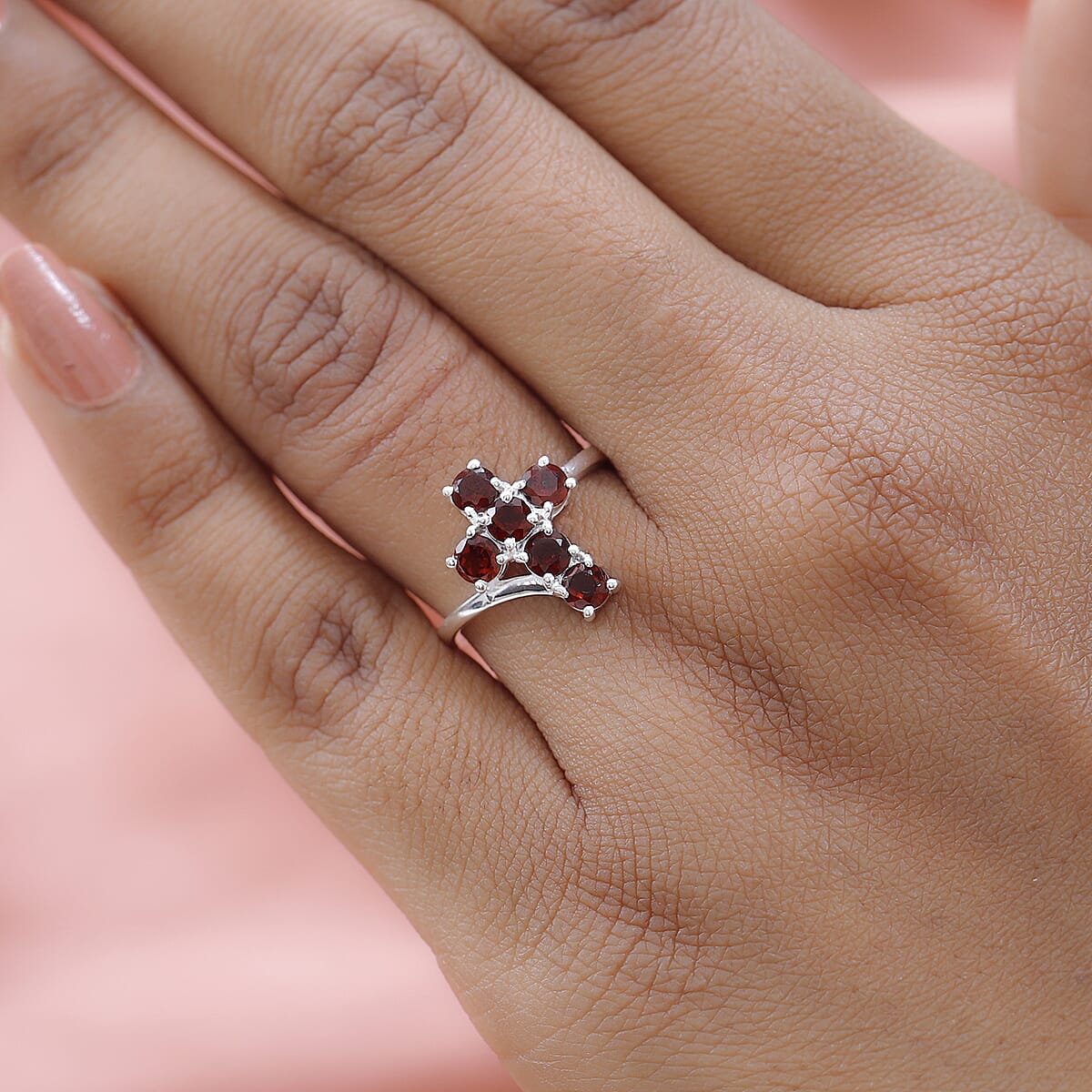 Mozambique Garnet Cross Ring in Sterling Silver (Size 6.0) 1.25 ctw image number 2