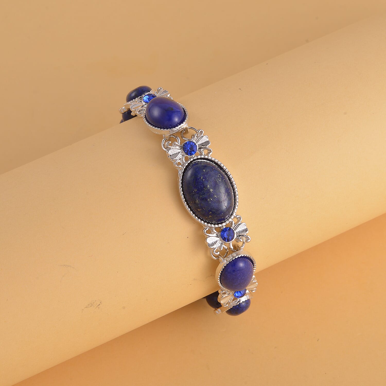 Lapis Lazuli and Blue Glass Beaded Bracelet in Silvertone (8.00 In) 59.00 ctw