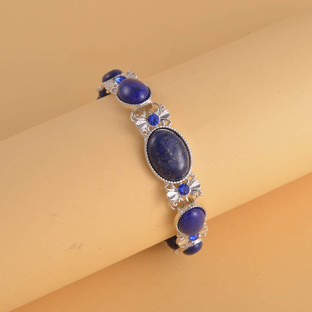 Lapis Lazuli, Blue Glass Beaded Bracelet in Silvertone (8.00 In) 59.00 ctw image number 1