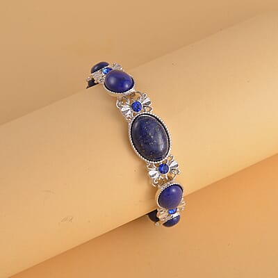 Lapis Lazuli and Blue Glass Beaded Bracelet in Silvertone (8.00 In) 59.00 ctw