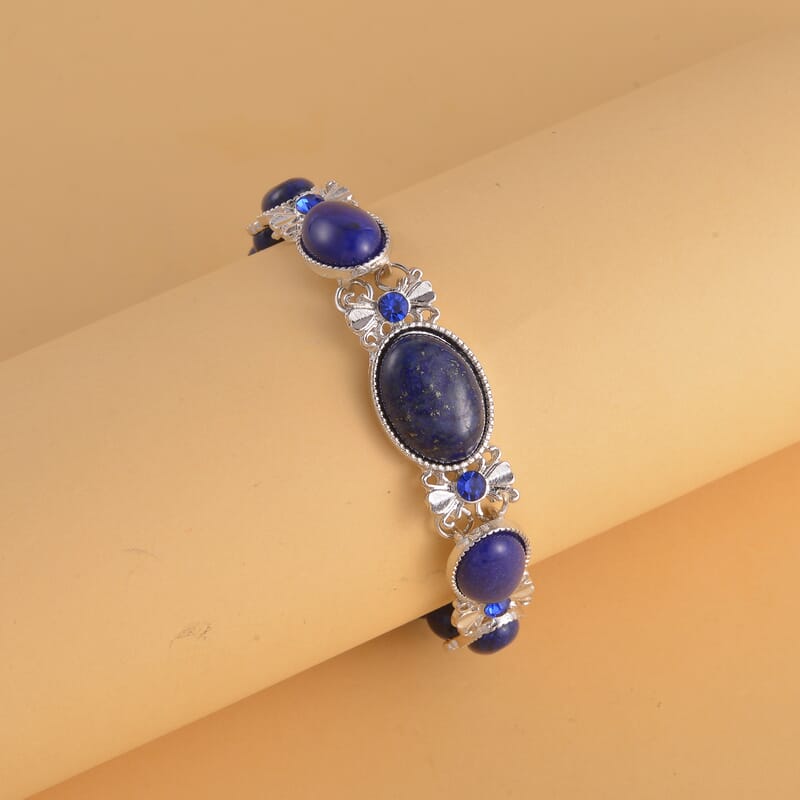 Lapis Lazuli and Blue Glass Beaded Bracelet in Silvertone (8.00 In) 59.00 ctw