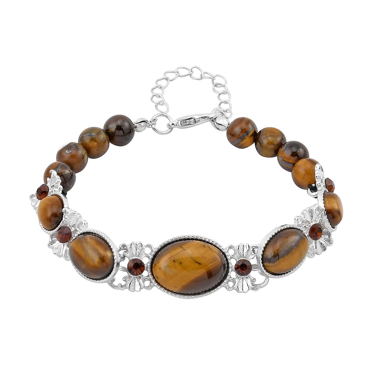 Yellow Tigers Eye and Brown Glass Beaded Bracelet in Silvertone (8.00 In) 59.00 ctw image number 0