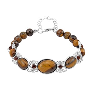 Yellow Tigers Eye and Brown Glass Beaded Bracelet in Silvertone (8.00 In) 59.00 ctw