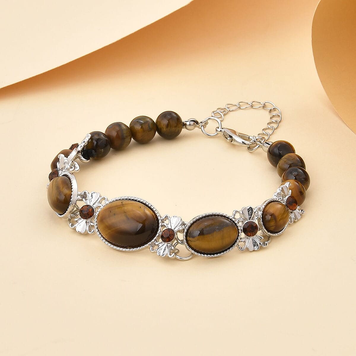 Yellow Tigers Eye and Brown Glass Beaded Bracelet in Silvertone (8.00 In) 59.00 ctw image number 1