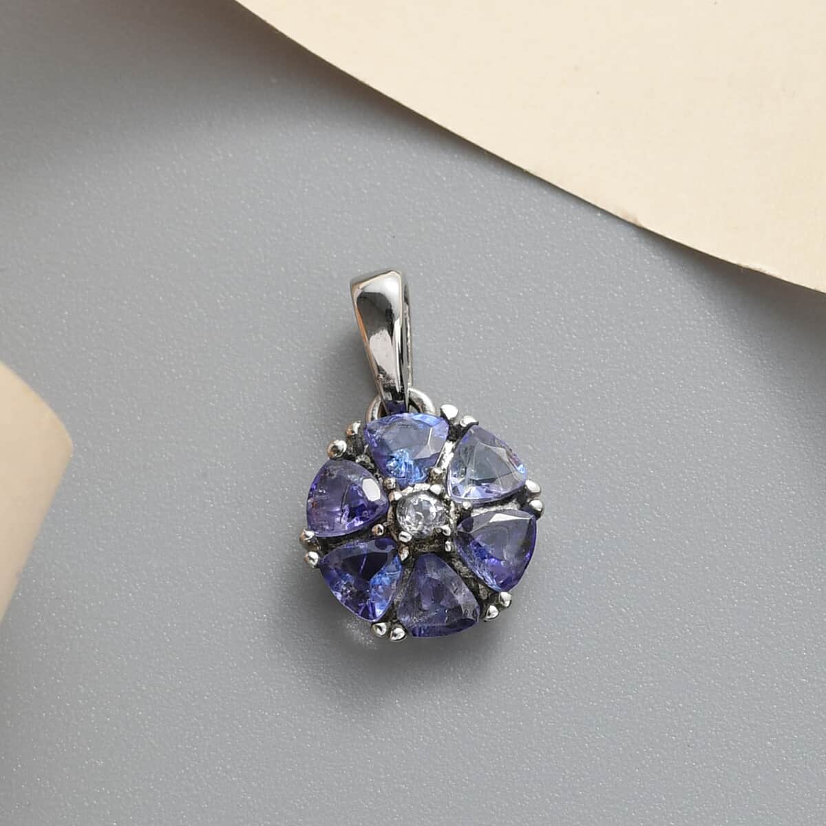 Tanzanite Floral Pendant in Stainless Steel 1.00 ctw , Tarnish-Free, Waterproof, Sweat Proof Jewelry image number 1