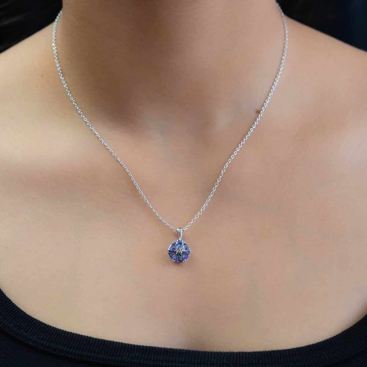 Tanzanite Floral Pendant in Stainless Steel 1.00 ctw , Tarnish-Free, Waterproof, Sweat Proof Jewelry image number 2