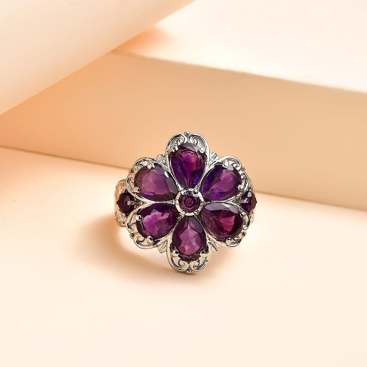 Amethyst Floral Ring in Stainless Steel 3.15 ctw image number 1