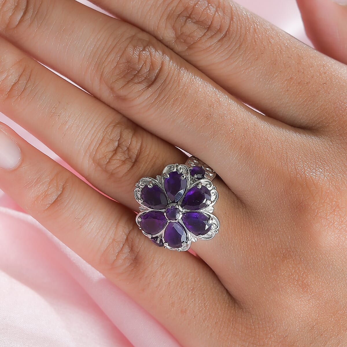 Amethyst Floral Ring in Stainless Steel 3.15 ctw image number 2