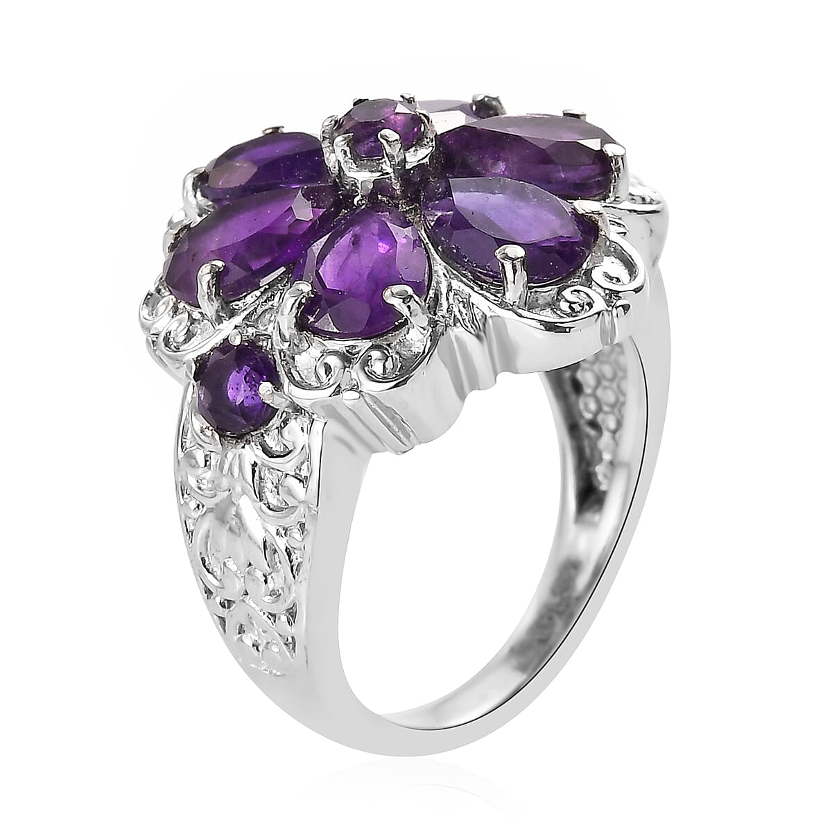 Amethyst Floral Ring in Stainless Steel 3.15 ctw image number 3