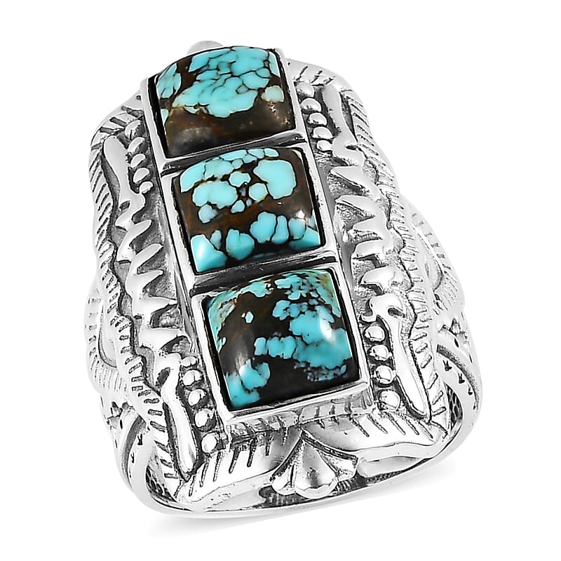 Artisan Crafted Blue Moon Turquoise 3 Stone Ring in Sterling Silver (Size 10.0) 5.15 ctw