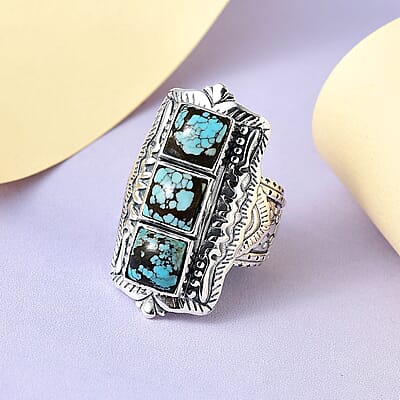 Artisan Crafted Blue Moon Turquoise 3 Stone Ring in Sterling Silver (Size 10.0) 5.15 ctw