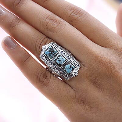 Artisan Crafted Blue Moon Turquoise 3 Stone Ring in Sterling Silver (Size 10.0) 5.15 ctw