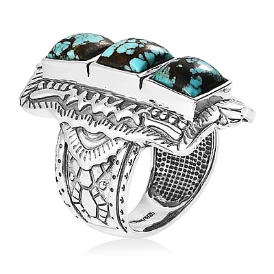 Artisan Crafted Blue Moon Turquoise 3 Stone Ring in Sterling Silver (Size 10.0) 5.15 ctw