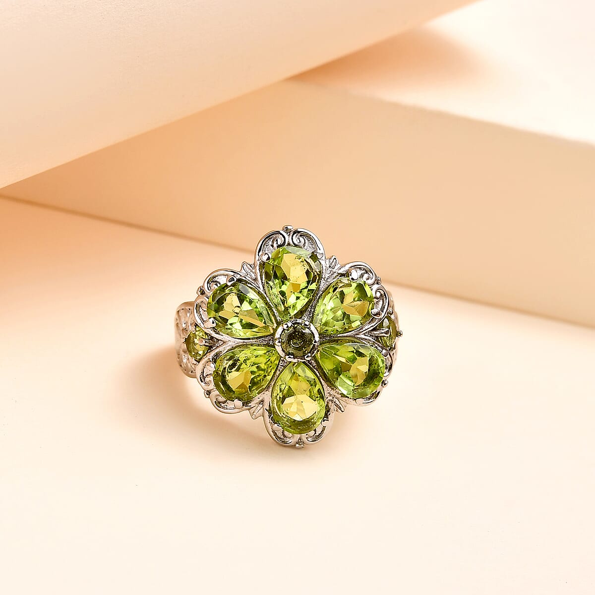 Peridot Floral Ring in Stainless Steel (Size 7.0) 3.25 ctw , Tarnish-Free, Waterproof, Sweat Proof Jewelry image number 1