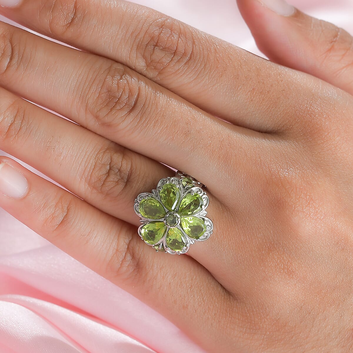 Peridot Floral Ring in Stainless Steel (Size 7.0) 3.25 ctw , Tarnish-Free, Waterproof, Sweat Proof Jewelry image number 2