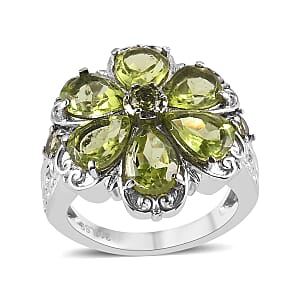 Peridot Floral Ring in Stainless Steel (Size 9.0) 3.25 ctw , Tarnish-Free, Waterproof, Sweat Proof Jewelry