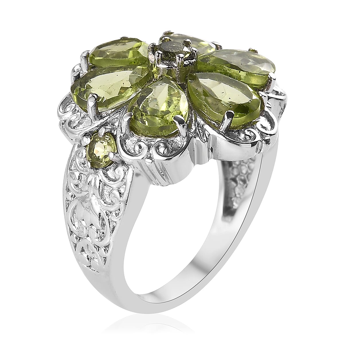 Peridot Floral Ring in Stainless Steel (Size 9.0) 3.25 ctw , Tarnish-Free, Waterproof, Sweat Proof Jewelry image number 3