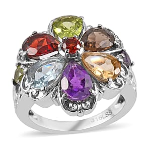 Multi Gemstone Floral Ring in Stainless Steel (Size 8.0) 2.80 ctw , Tarnish-Free, Waterproof, Sweat Proof Jewelry
