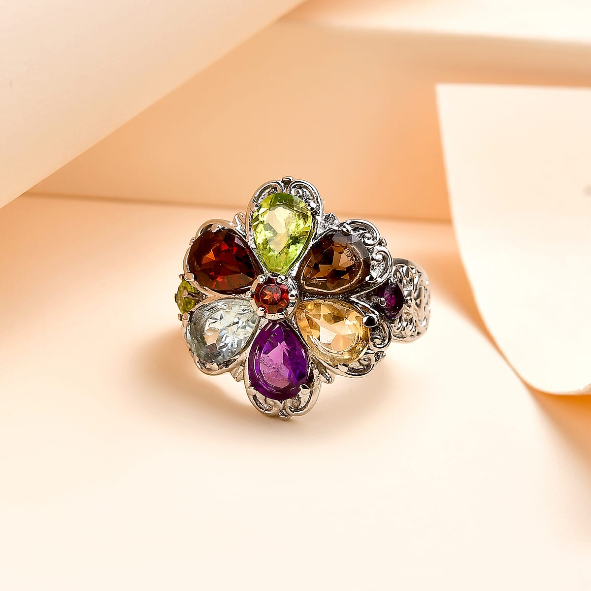 Multi Gemstone Floral Ring in Stainless Steel (Size 8.0) 2.80 ctw , Tarnish-Free, Waterproof, Sweat Proof Jewelry image number 1