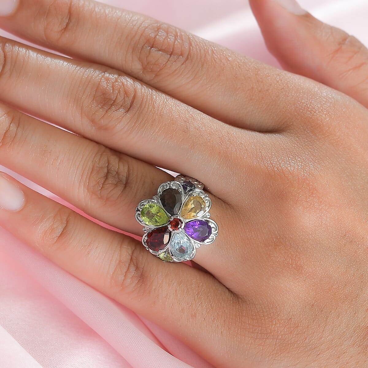 Multi Gemstone Floral Ring in Stainless Steel (Size 8.0) 2.80 ctw , Tarnish-Free, Waterproof, Sweat Proof Jewelry image number 2
