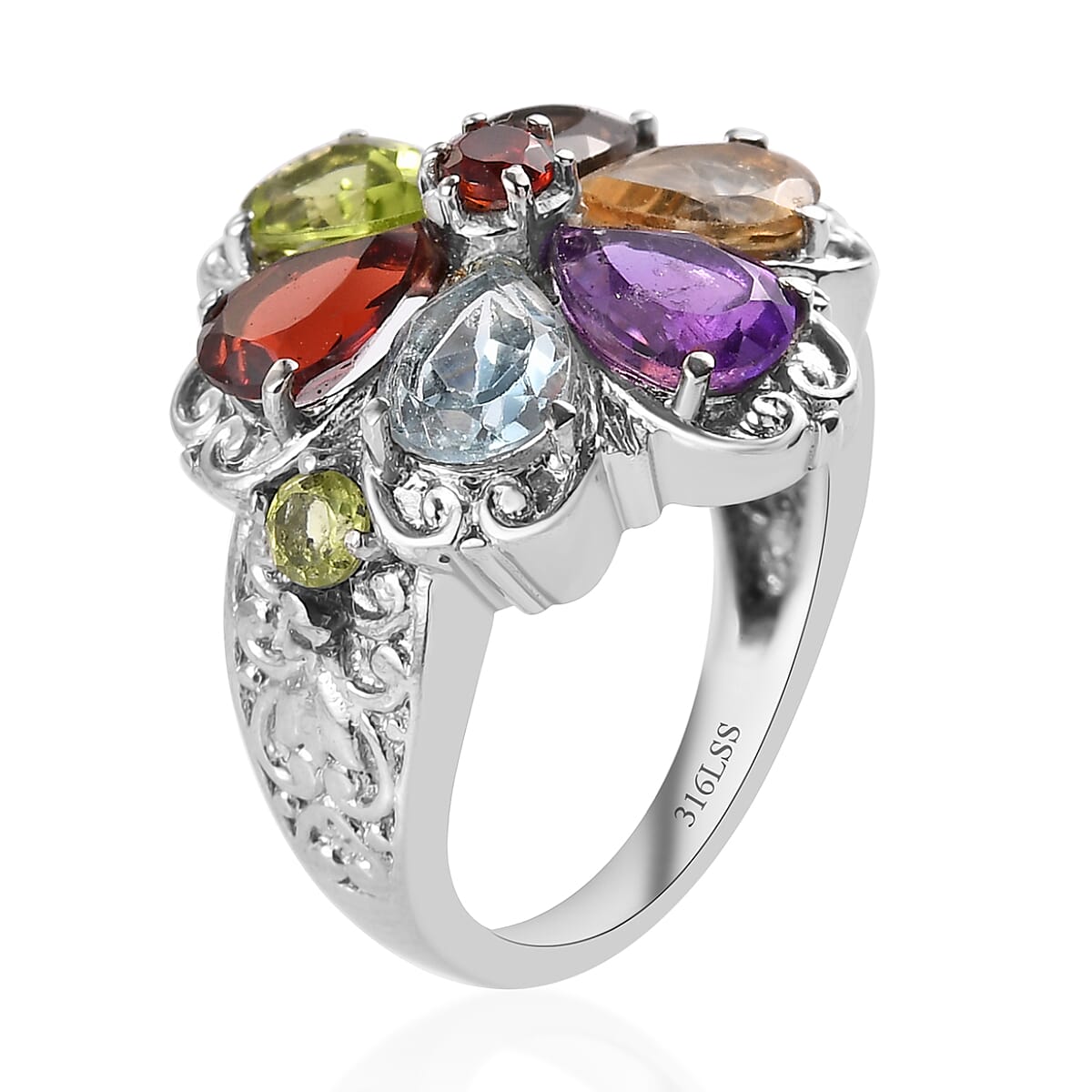 Multi Gemstone Floral Ring in Stainless Steel (Size 8.0) 2.80 ctw , Tarnish-Free, Waterproof, Sweat Proof Jewelry image number 3