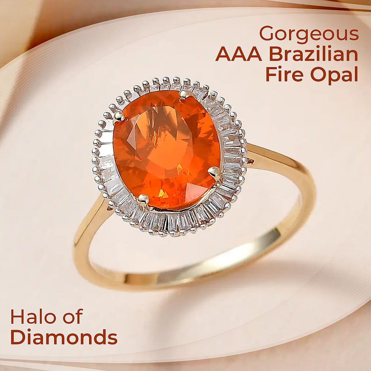 Luxoro AAA Brazilian Fire Opal Ring, Diamond Accent Ring, Fire Opal Halo Ring, 10K Yellow Gold Ring, Wedding Ring, Gold Gifts For Her 2.15 ctw image number 1