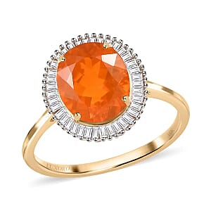 Luxoro 10K Yellow Gold AAA Brazilian Fire Opal and Diamond Halo Ring (Size 8.0) 2.15 ctw