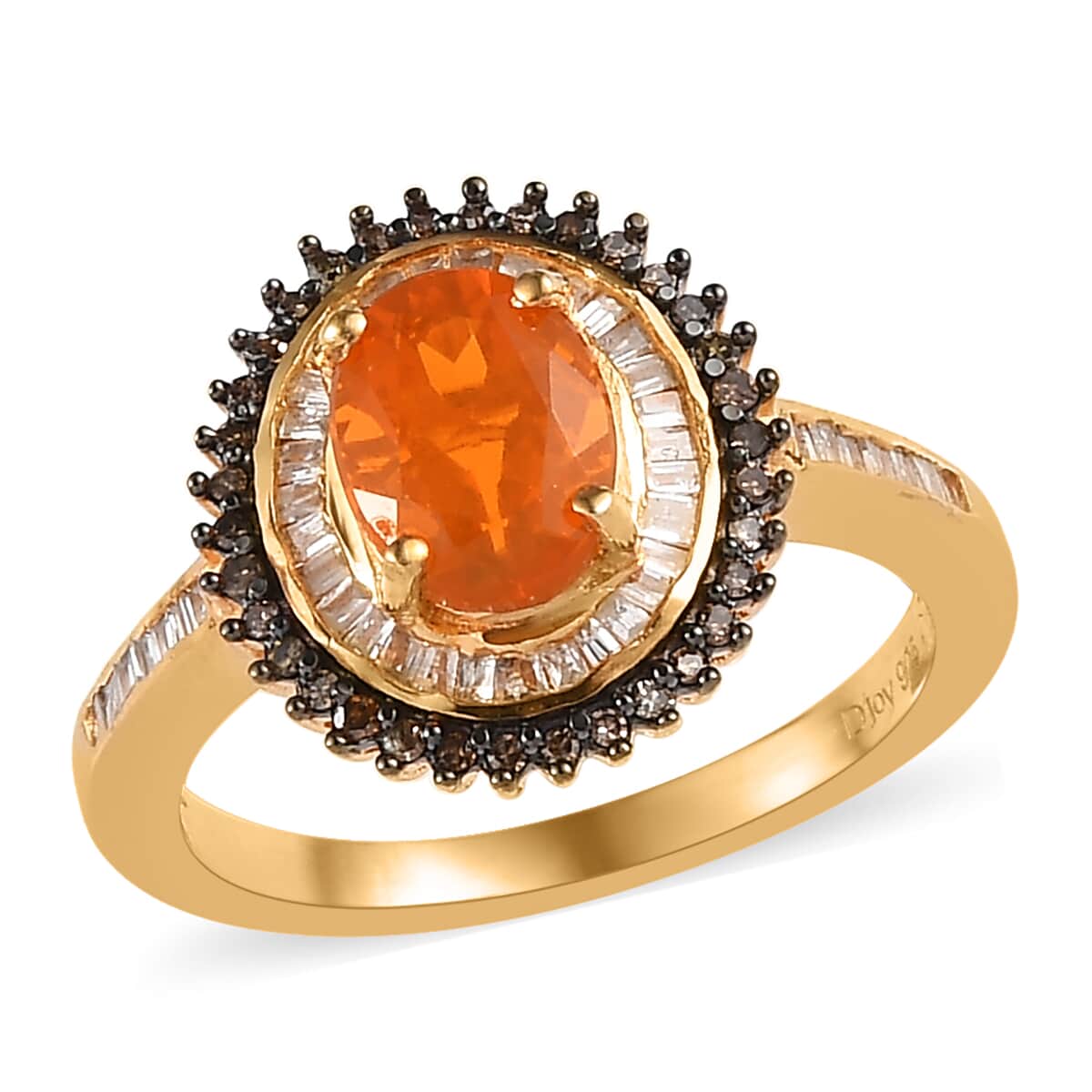 Premium Brazilian Fire Opal, Natural Champagne and White Diamond Sunburst Ring in Vermeil Yellow Gold Over Sterling Silver 1.30 ctw image number 0