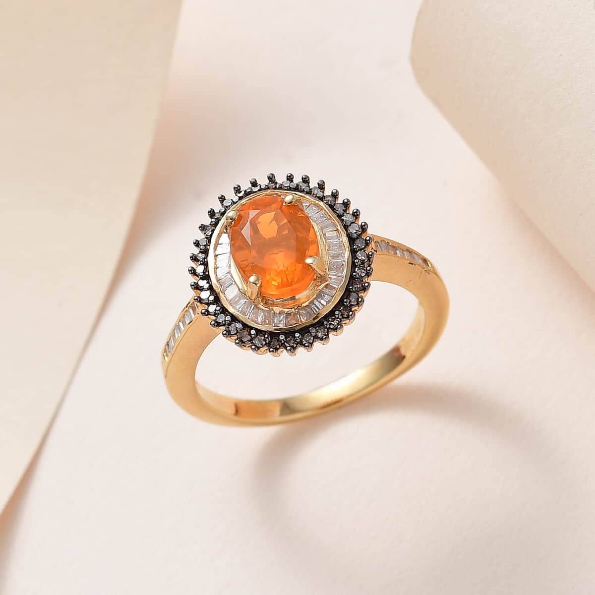 Premium Brazilian Fire Opal, Natural Champagne and White Diamond Sunburst Ring in Vermeil Yellow Gold Over Sterling Silver 1.30 ctw image number 1