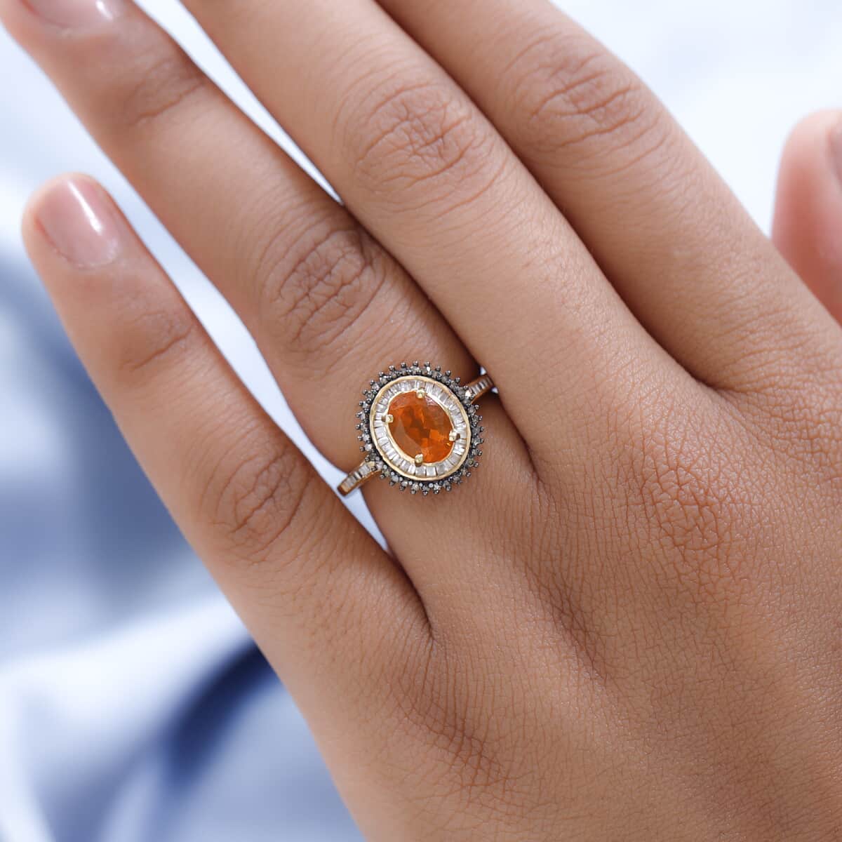 Premium Brazilian Fire Opal, Natural Champagne and White Diamond Sunburst Ring in Vermeil Yellow Gold Over Sterling Silver 1.30 ctw image number 2