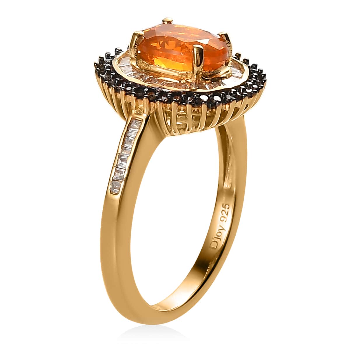 Premium Brazilian Fire Opal, Natural Champagne and White Diamond Sunburst Ring in Vermeil Yellow Gold Over Sterling Silver 1.30 ctw image number 3