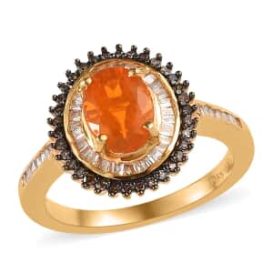 Premium Brazilian Fire Opal, Natural Champagne and White Diamond Sunburst Ring in Vermeil Yellow Gold Over Sterling Silver (Size 6.0) 1.30 ctw