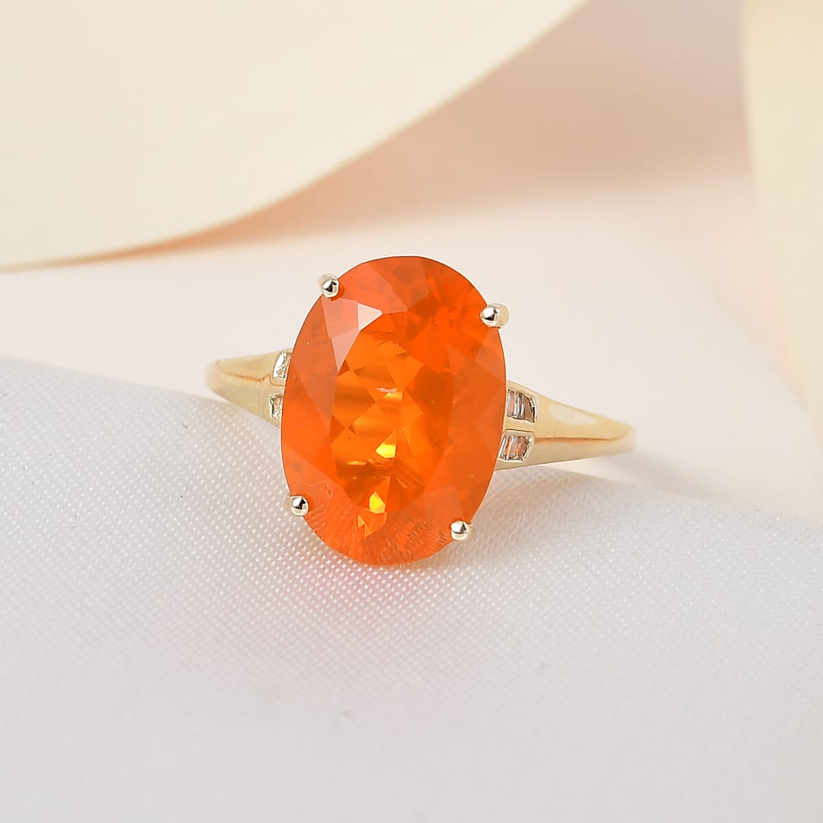 LUXORO 10K Yellow Gold AAA Brazilian Fire Opal and G-H I3 Diamond Ring 2 Grams 4.10 ctw (Delivery in 7-10 Business Days) image number 1