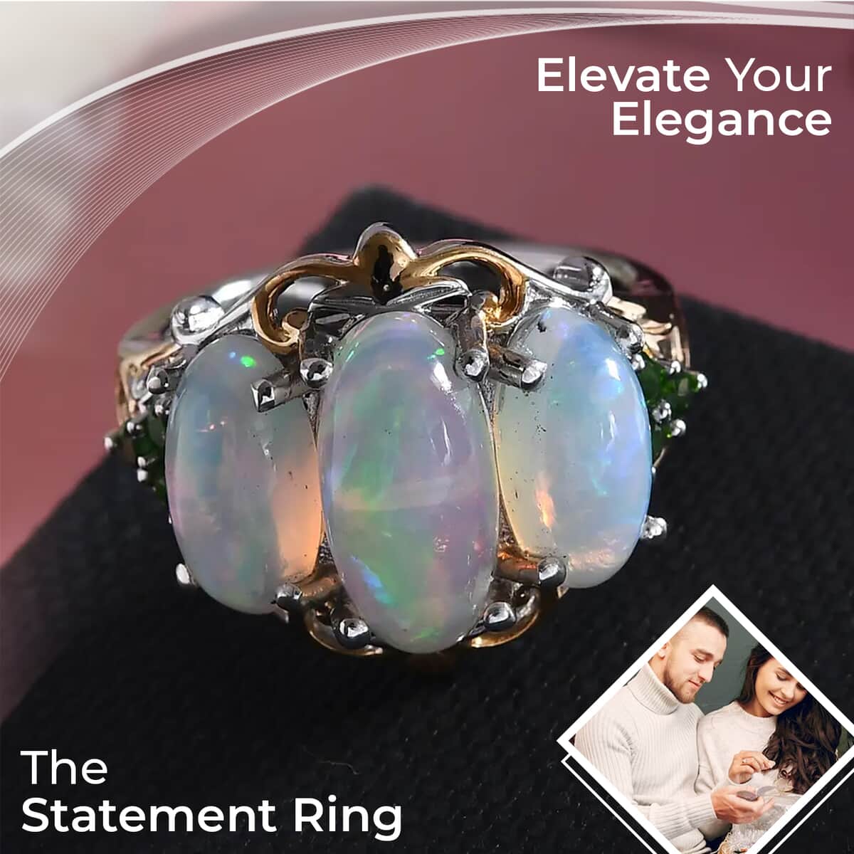 Ethiopian Welo Opal Ring with Chrome Diopside in Vermeil YG and Platinum Over Sterling Silver,Statement Rings For Women 4.65 ctw image number 1