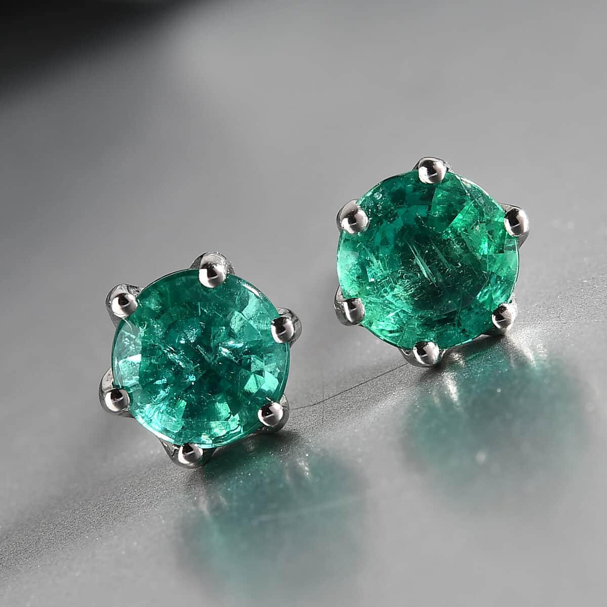 Rhapsody 950 Platinum AAAA Kagem Zambian Emerald Solitaire Stud Earrings 1.65 ctw image number 1