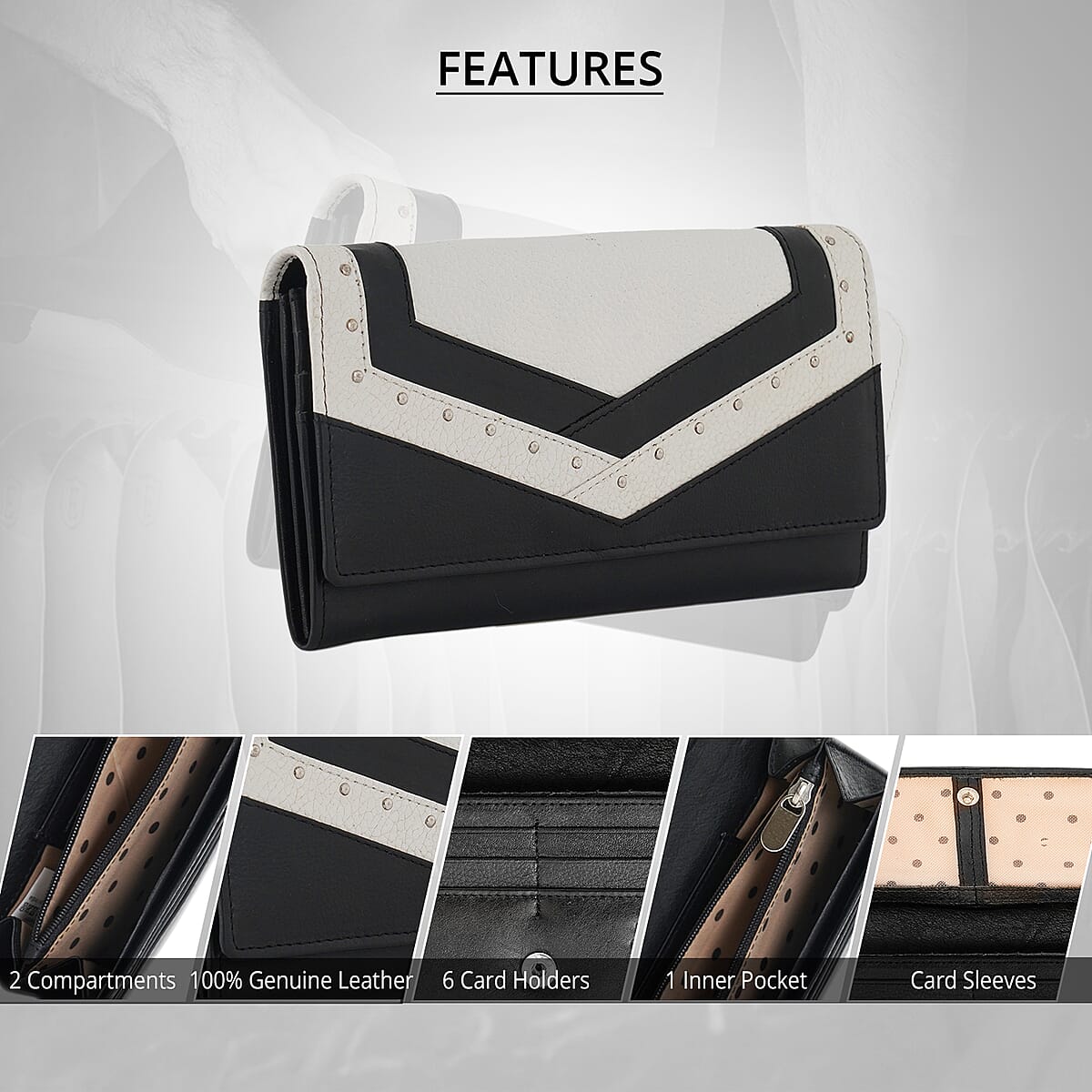 UNION CODE Black and White Genuine Leather RFID Women's Wallet image number 2