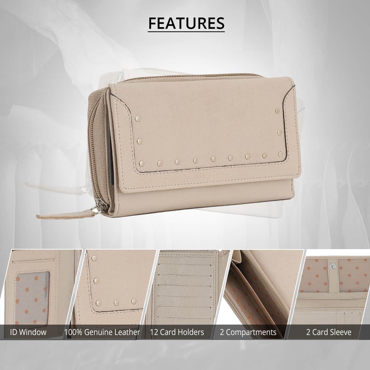 UNION CODE Soft Beige RFID Tri-Fold Multi Functional Genuine Leather Women's Wallet image number 4