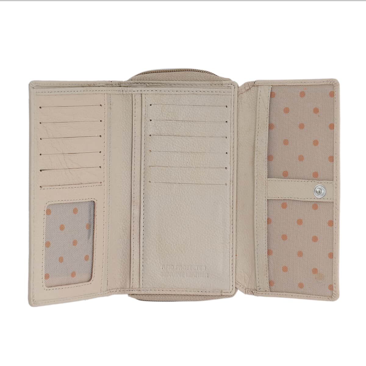 UNION CODE Soft Beige RFID Tri-Fold Multi Functional Genuine Leather Women's Wallet image number 6