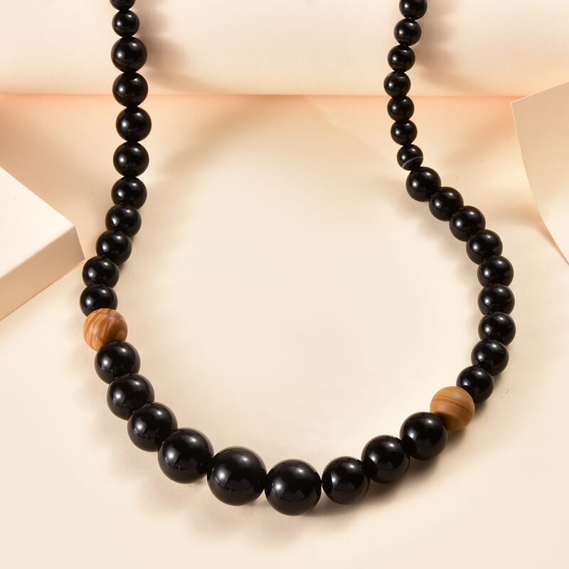 Black Agate and Jasper 214.25 ctw Beaded Necklace in Sterling Silver 20 Inches
