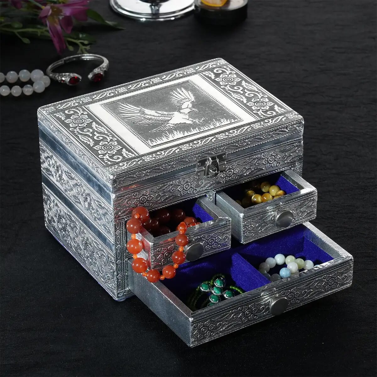 Oxidized Aluminum Eagle Embossed Grand 3 Drawer Jewelry Box image number 1