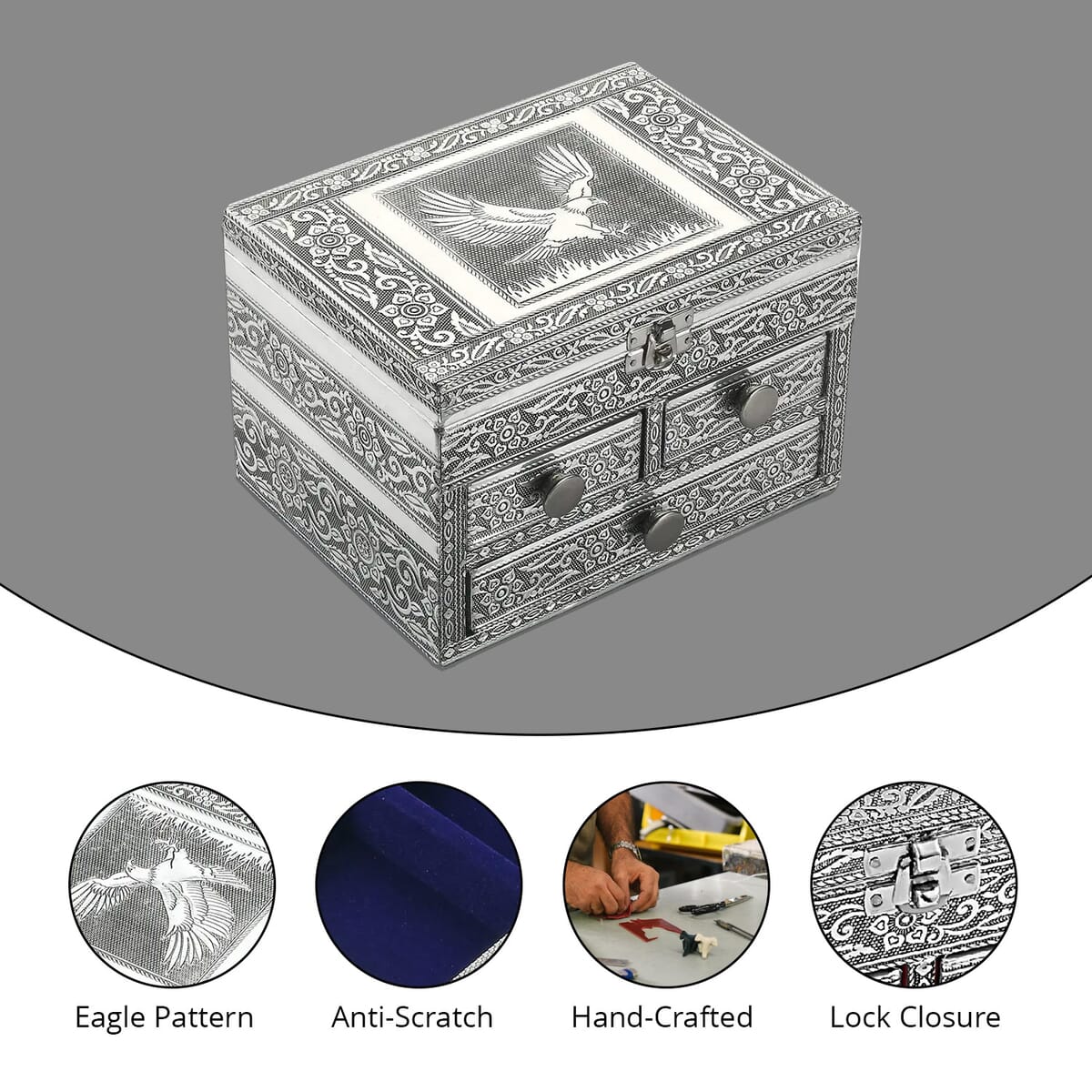 Oxidized Aluminum Eagle Embossed Grand 3 Drawer Jewelry Box image number 2